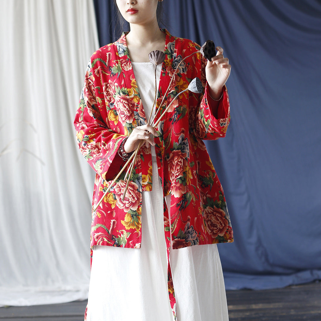 Tao One Tech™ • Red Floral Kimono Coat • Butterfly Wing Sleeves • Tech Pockets • Linen Cotton