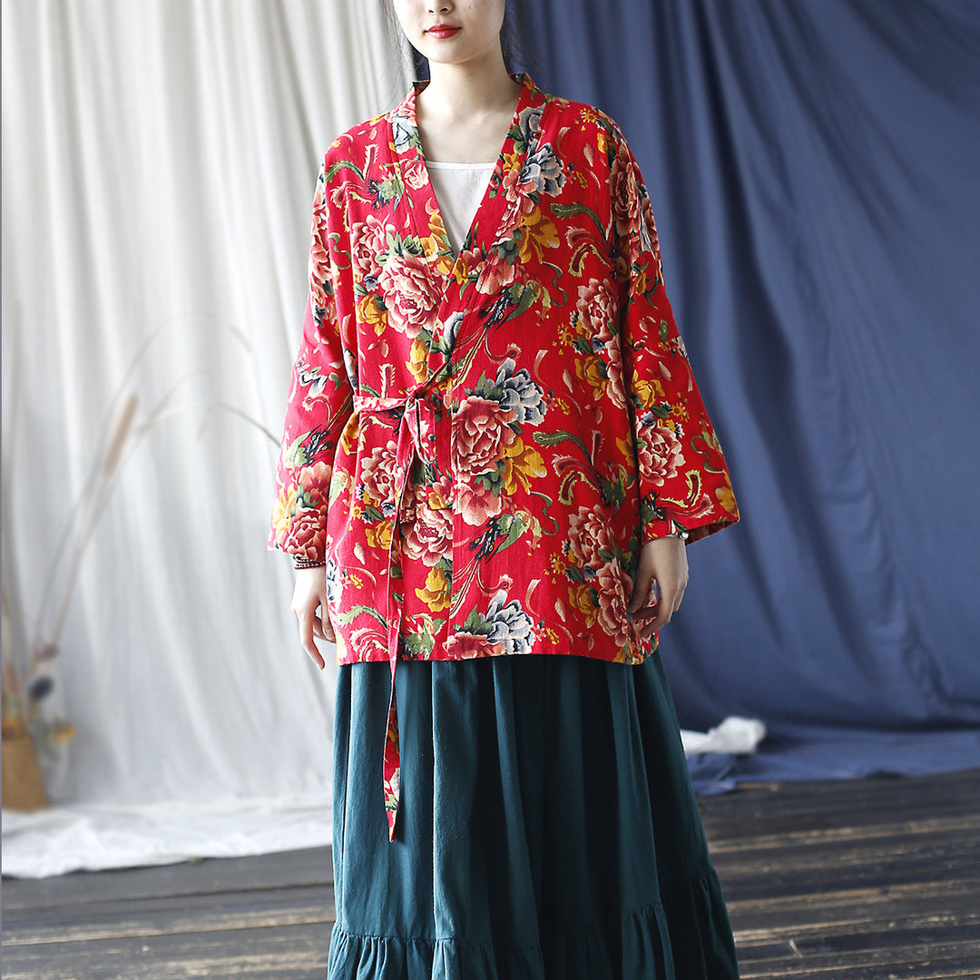 Tao One Tech™ • Red Floral Kimono Coat • Butterfly Wing Sleeves • Tech Pockets • Linen Cotton