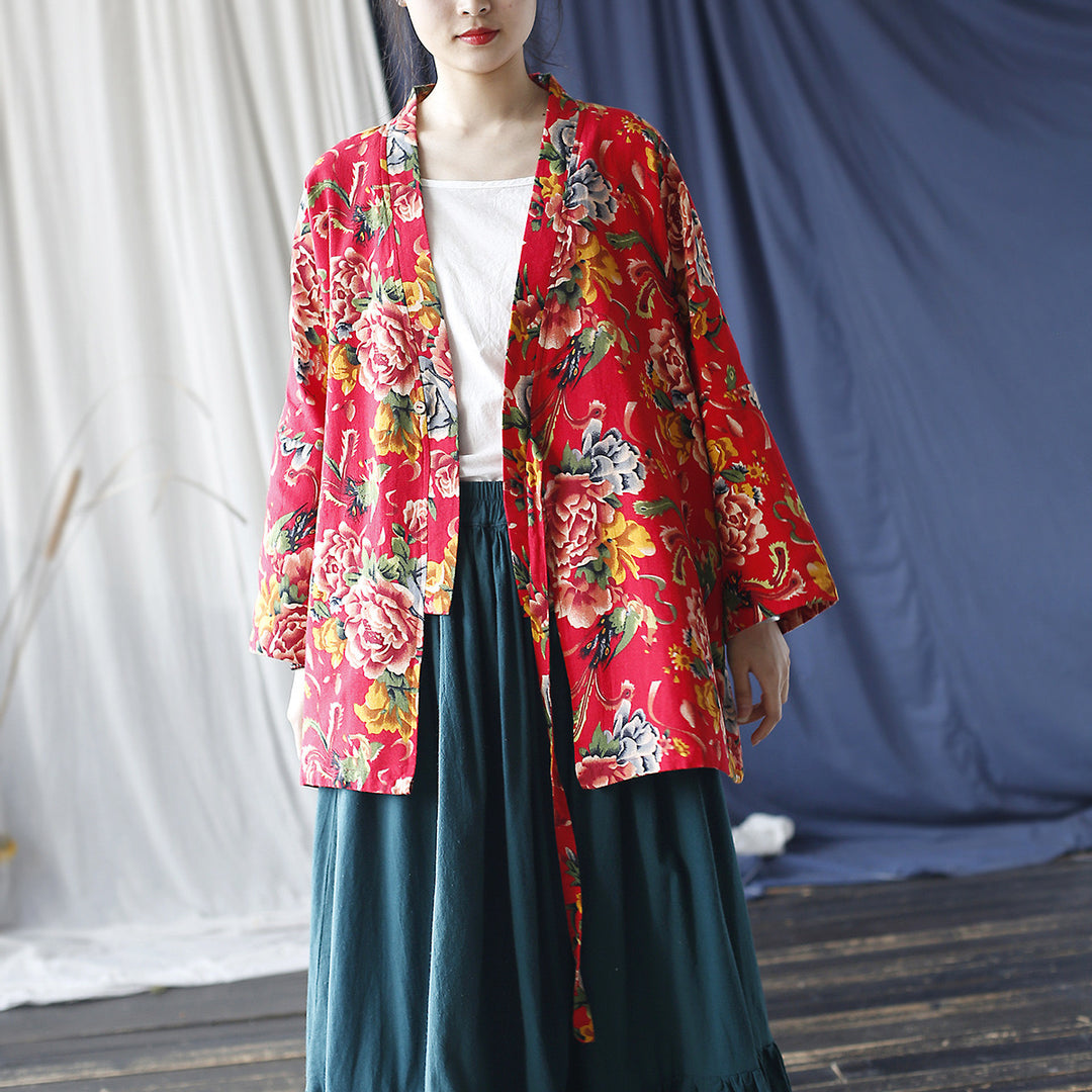 Tao One Tech™ • Red Floral Kimono Coat • Butterfly Wing Sleeves • Tech Pockets • Linen Cotton