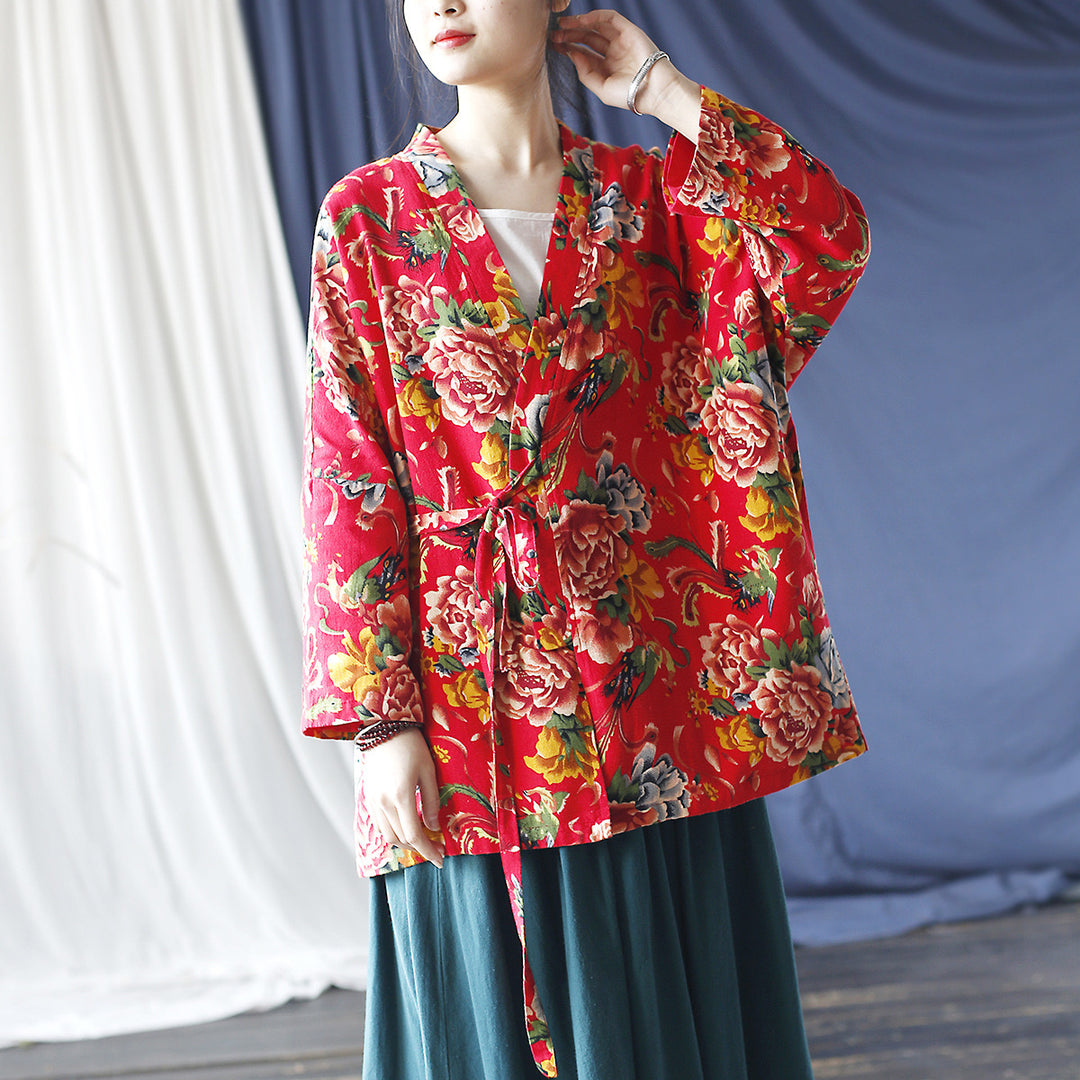 Tao One Tech™ • Red Floral Kimono Coat • Butterfly Wing Sleeves • Tech Pockets • Linen Cotton