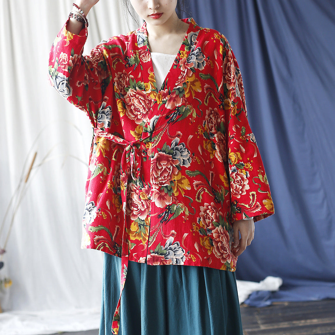 Tao One Tech™ • Red Floral Kimono Coat • Butterfly Wing Sleeves • Tech Pockets • Linen Cotton