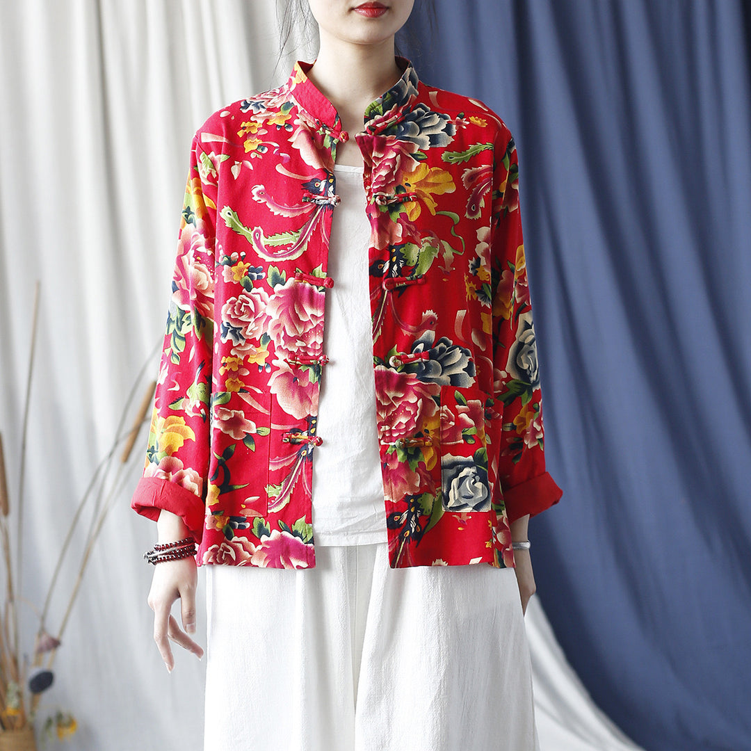 Tao One Tech™ • Red Floral Kimono Coat • Butterfly Wing Sleeves • Tech Pockets • Linen Cotton