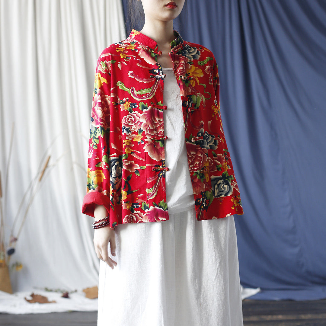 Tao One Tech™ • Red Floral Kimono Coat • Butterfly Wing Sleeves • Tech Pockets • Linen Cotton