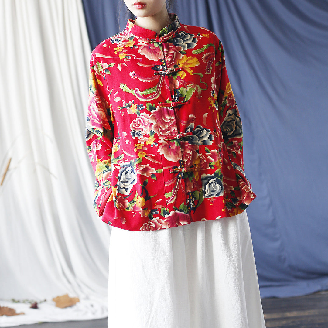 Tao One Tech™ • Red Floral Kimono Coat • Butterfly Wing Sleeves • Tech Pockets • Linen Cotton