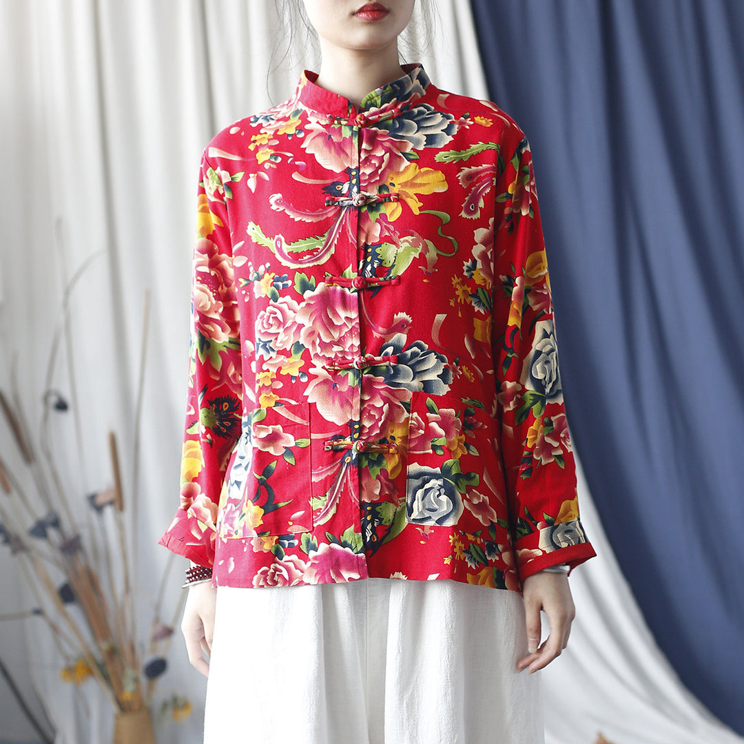 Tao One Tech™ • Red Floral Kimono Coat • Butterfly Wing Sleeves • Tech Pockets • Linen Cotton