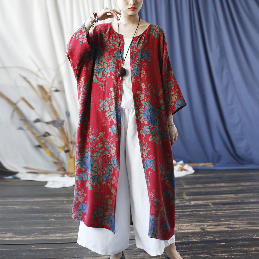 Tao One Tech™ • Long Red Floral Kimono • Butterfly Wing Sleeves • Sunscreen Layer • Linen Cotton