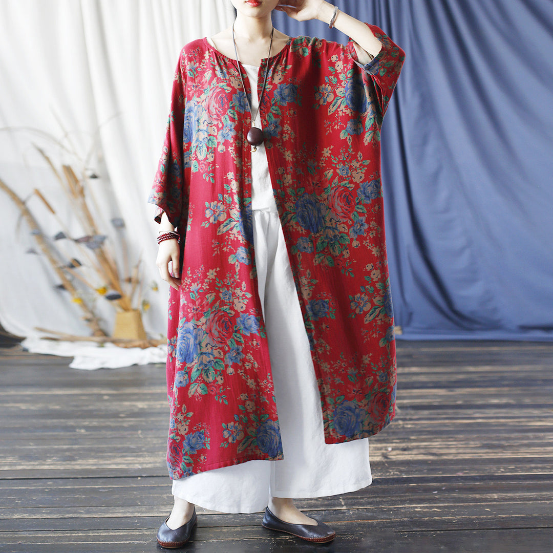 Tao One Tech™ • Long Red Floral Kimono • Butterfly Wing Sleeves • Sunscreen Layer • Linen Cotton