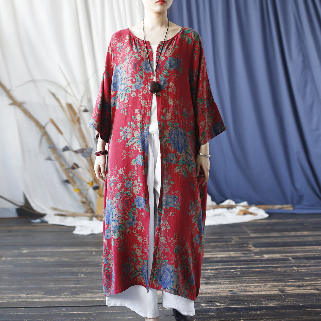 Tao One Tech™ • Long Red Floral Kimono • Butterfly Wing Sleeves • Sunscreen Layer • Linen Cotton