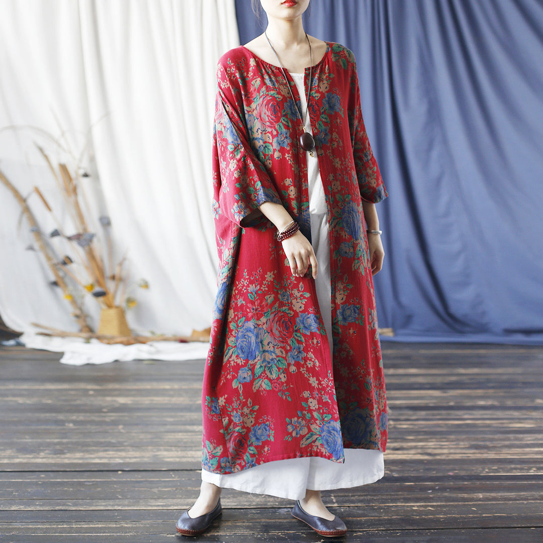 Tao One Tech™ • Long Red Floral Kimono • Butterfly Wing Sleeves • Sunscreen Layer • Linen Cotton