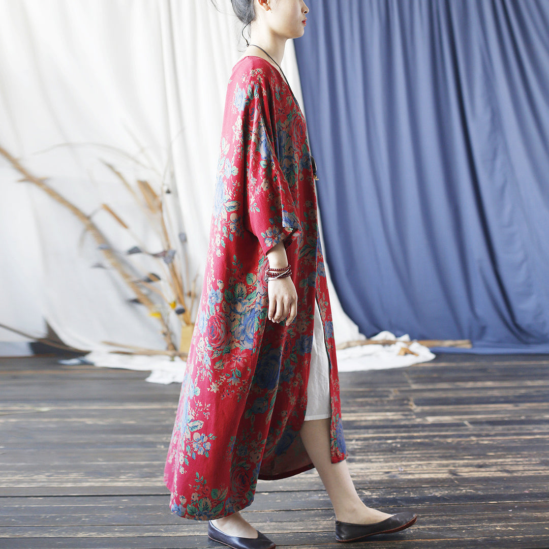 Tao One Tech™ • Long Red Floral Kimono • Butterfly Wing Sleeves • Sunscreen Layer • Linen Cotton