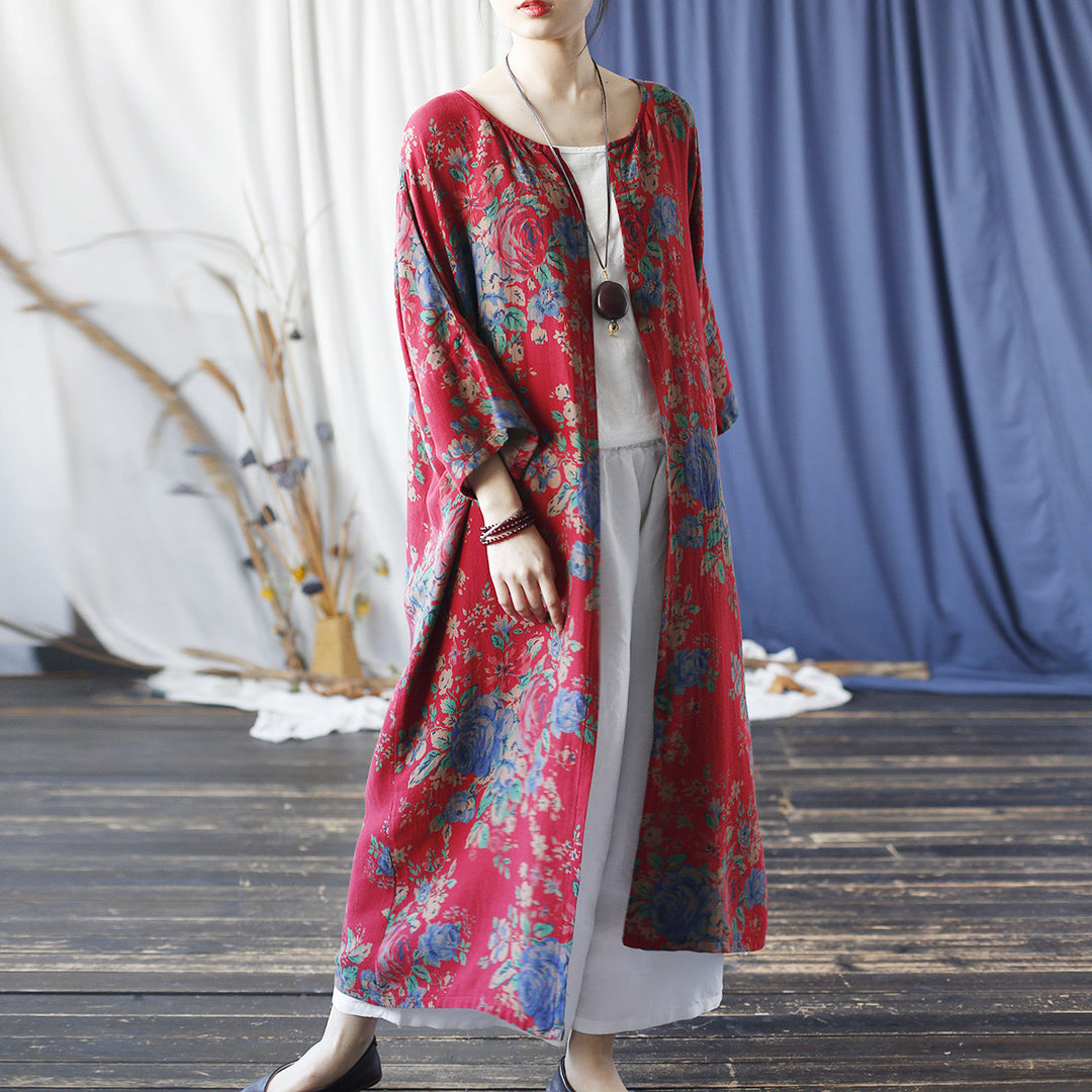 Tao One Tech™ • Long Red Floral Kimono • Butterfly Wing Sleeves • Sunscreen Layer • Linen Cotton