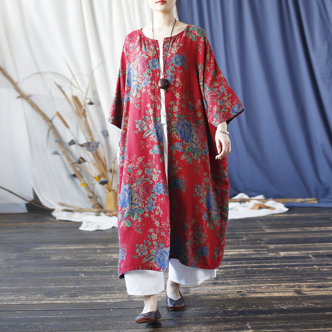 Tao One Tech™ • Long Red Floral Kimono • Butterfly Wing Sleeves • Sunscreen Layer • Linen Cotton