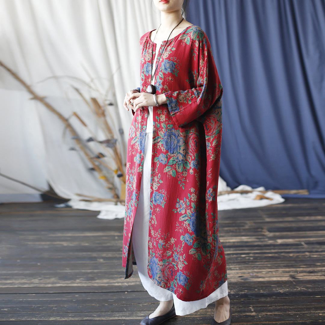 Tao One Tech™ • Long Red Floral Kimono • Butterfly Wing Sleeves • Sunscreen Layer • Linen Cotton