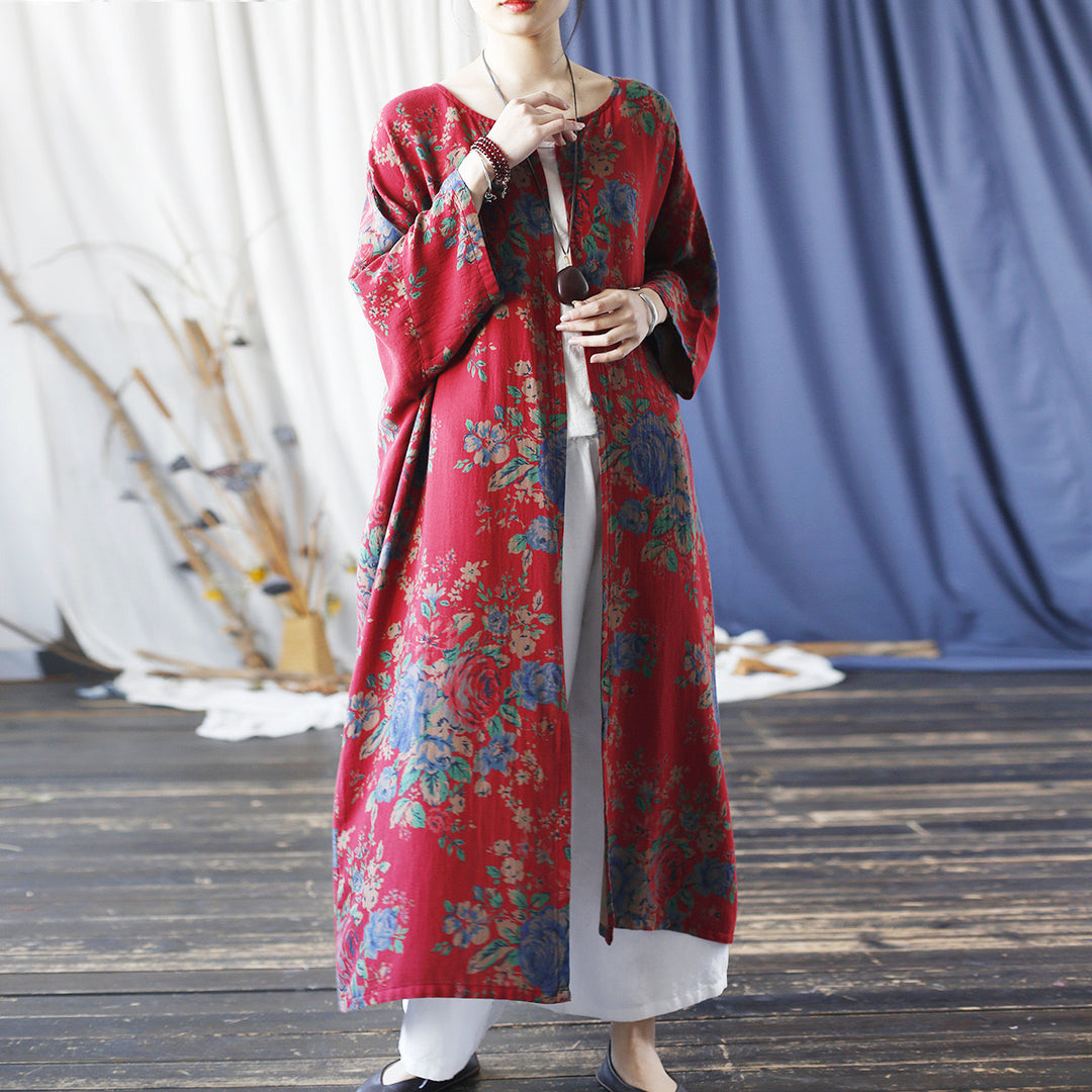 Tao One Tech™ • Long Red Floral Kimono • Butterfly Wing Sleeves • Sunscreen Layer • Linen Cotton