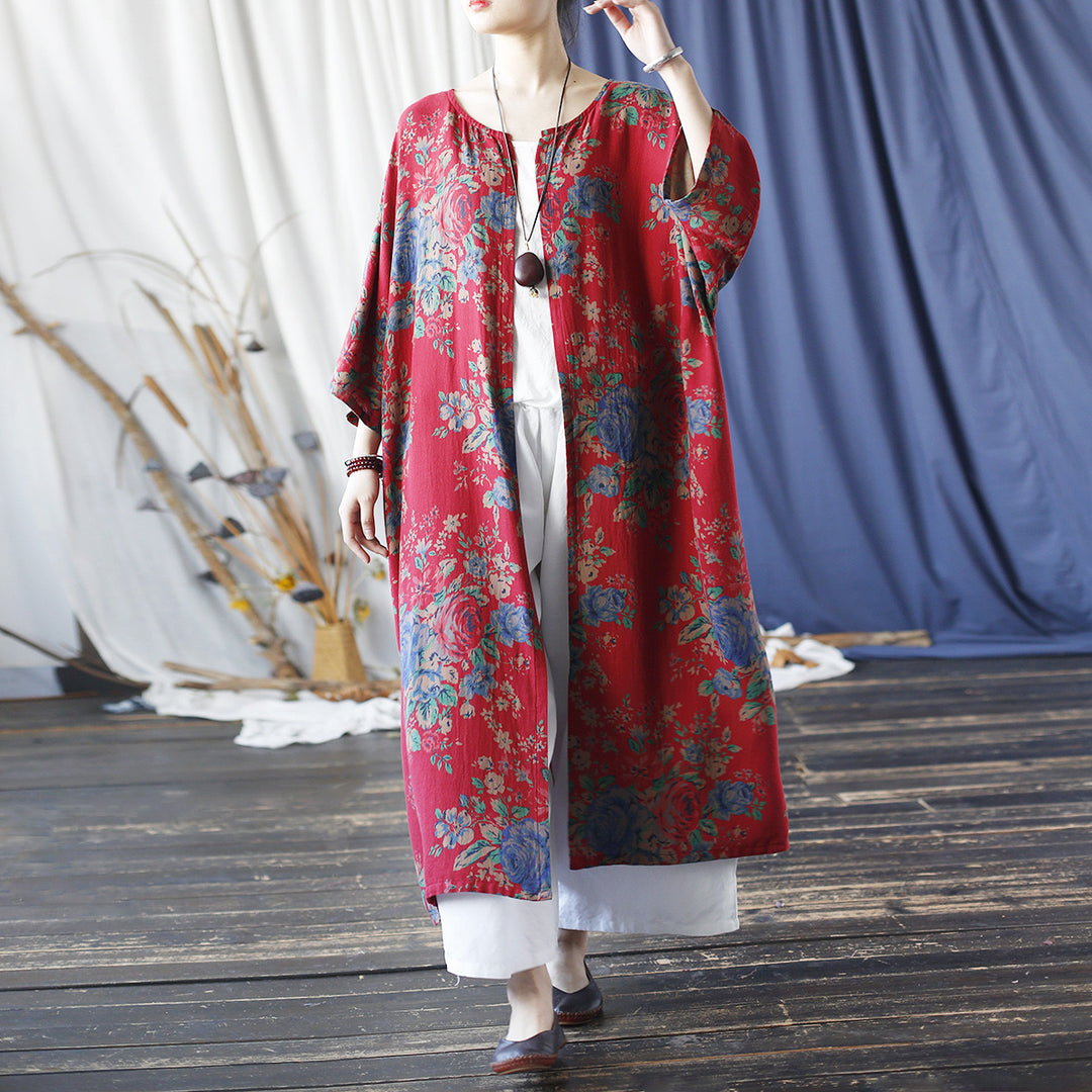 Tao One Tech™ • Long Red Floral Kimono • Butterfly Wing Sleeves • Sunscreen Layer • Linen Cotton