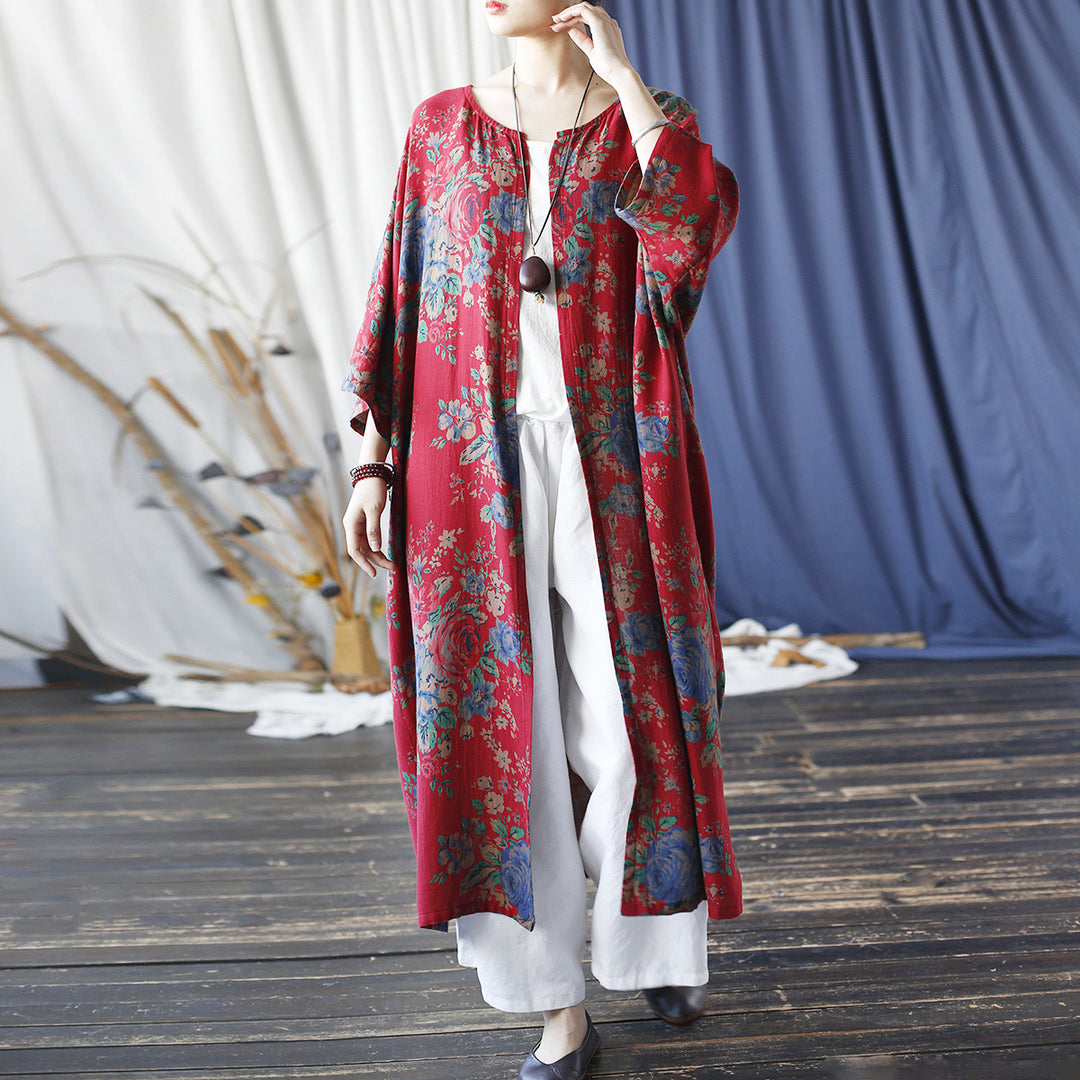 Tao One Tech™ • Long Red Floral Kimono • Butterfly Wing Sleeves • Sunscreen Layer • Linen Cotton