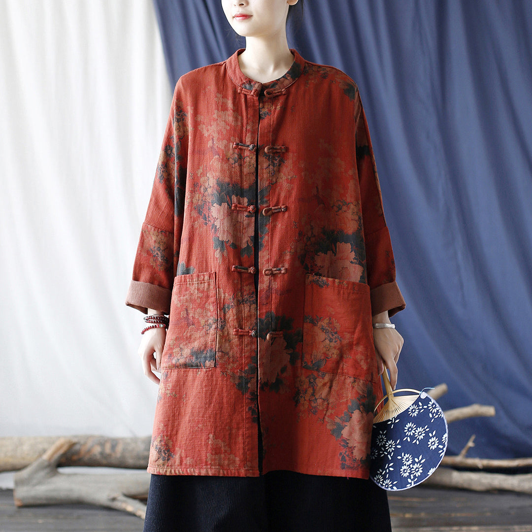 Tao One Tech™ • Red Floral Cardigan Jacket • Butterfly Wing Sleeves • 5 Buttons • Tech Pockets • Linen Cotton