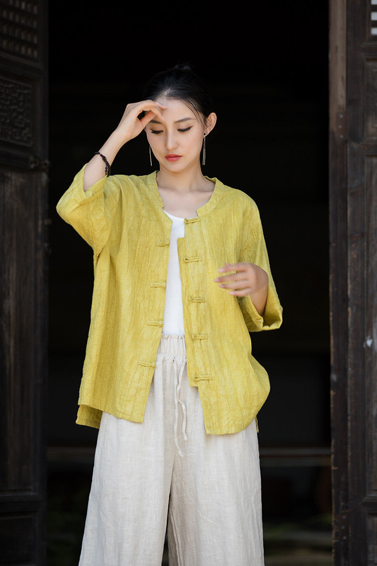 Tao One Tech™ • Zen Tea Cardigan Jacket • 5 Buttons • Sunscreen Layer • Tie-Dye Folds • Ramie Cotton