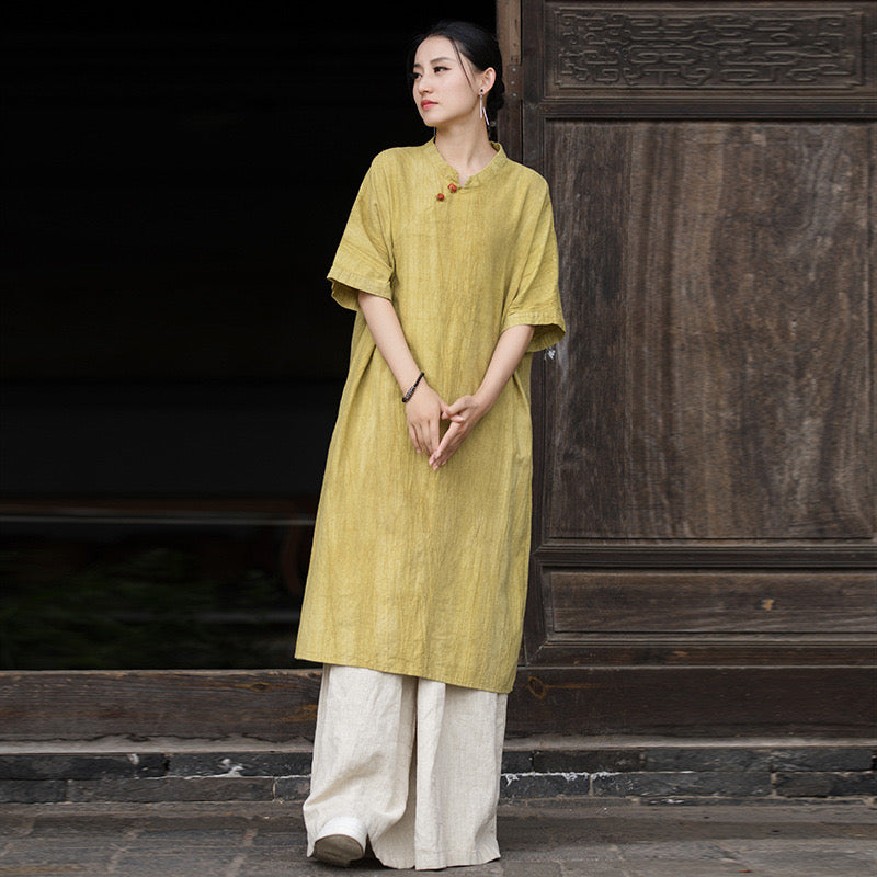 Tao One Tech™ • Zen Cheongsam Tea Dress • 2 Buttons • Long-Sleeves • Full Coverage • Oversized Relaxed Fit • Tech Pockets • Tie-Dye Folds • Ramie Cotton