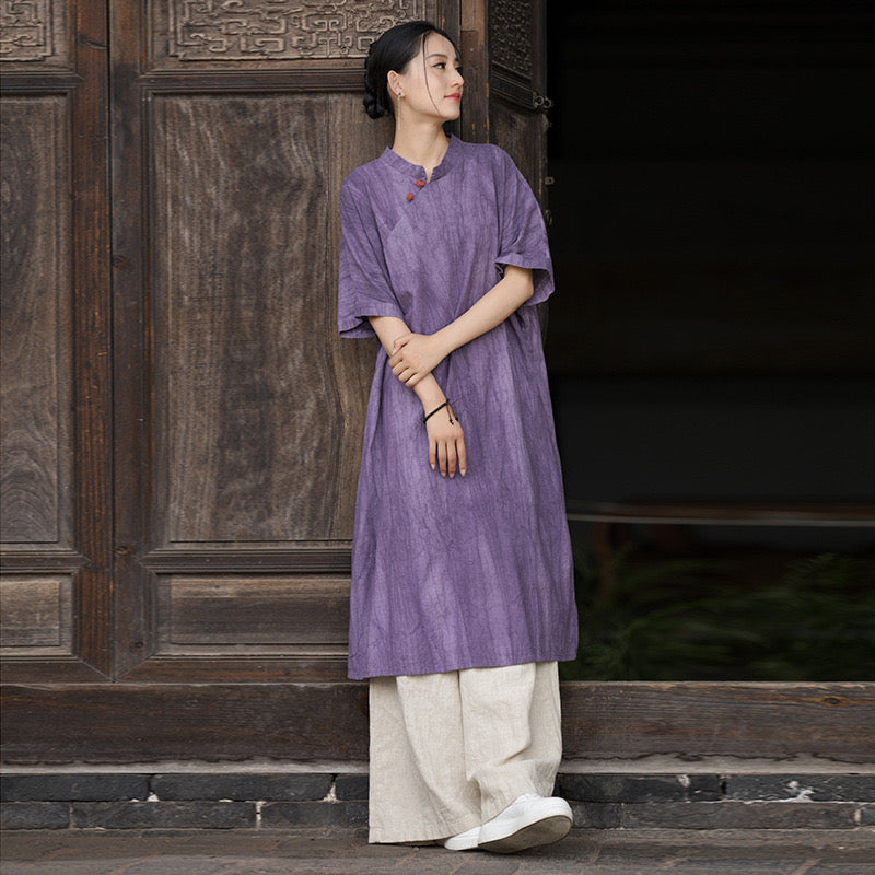 Tao One Tech™ • Zen Cheongsam Tea Dress • 2 Buttons • Long-Sleeves • Full Coverage • Oversized Relaxed Fit • Tech Pockets • Tie-Dye Folds • Ramie Cotton