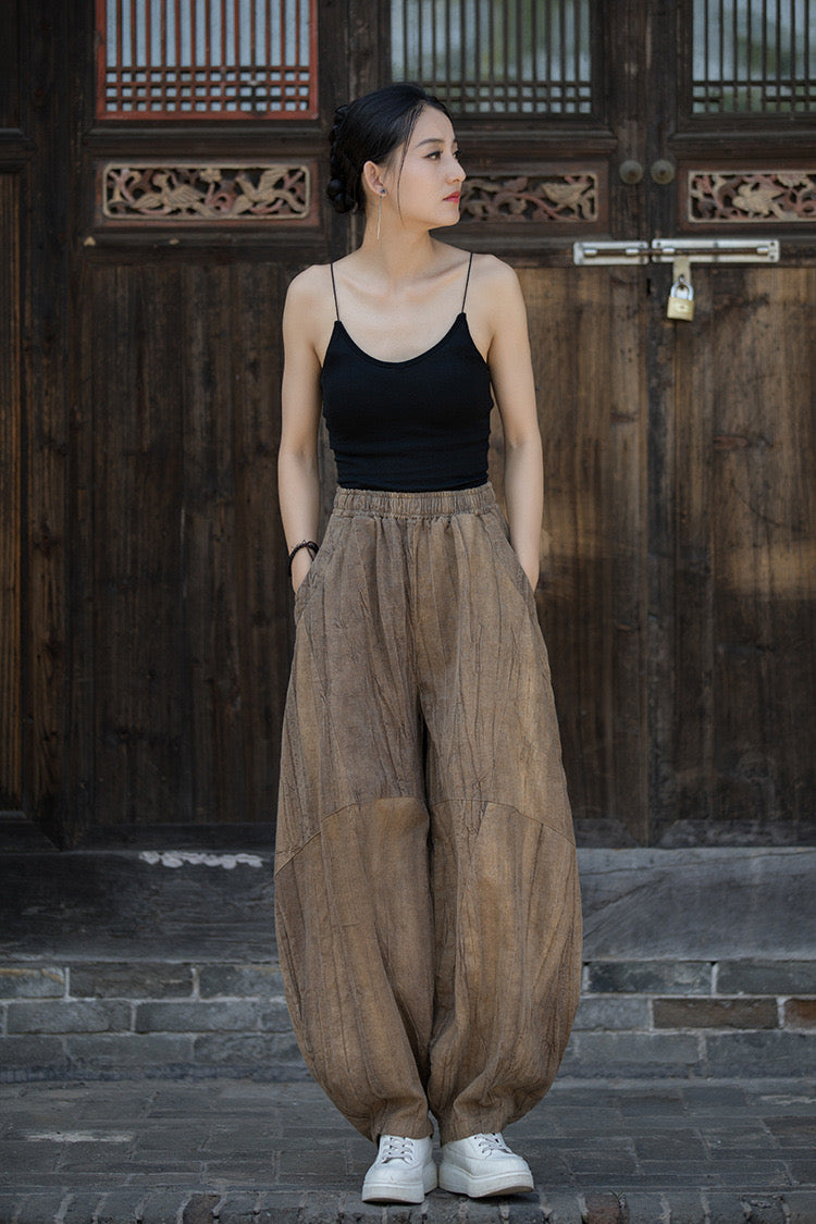 Tao One Tech™ • Zen Tea Meditation Pants • Kung Fu Pants • Tie Dye Folds • Tech Pockets • Ramie Cotton • Gender Neutral