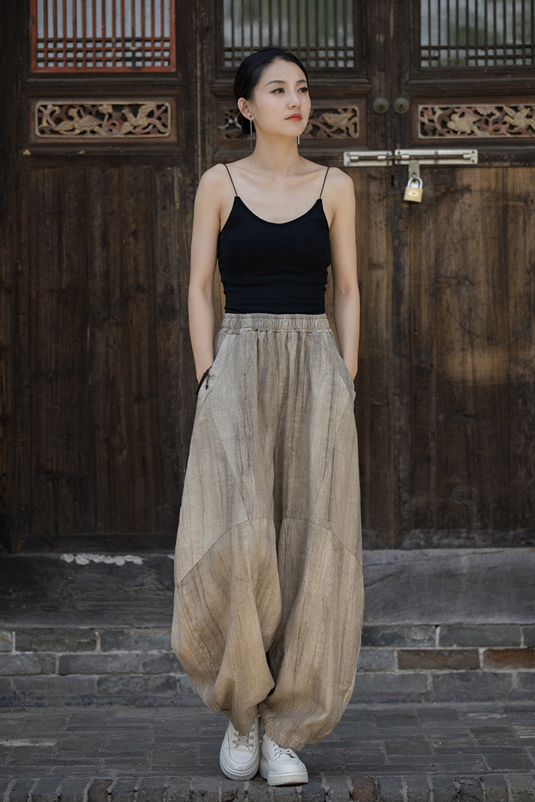 Tao One Tech™ • Zen Tea Meditation Pants • Kung Fu Pants • Tie Dye Folds • Tech Pockets • Ramie Cotton • Gender Neutral