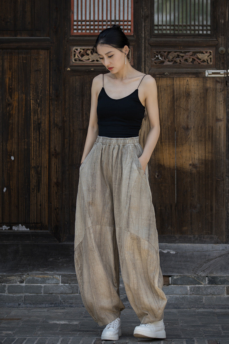 Tao One Tech™ • Zen Tea Meditation Pants • Kung Fu Pants • Tie Dye Folds • Tech Pockets • Ramie Cotton • Gender Neutral