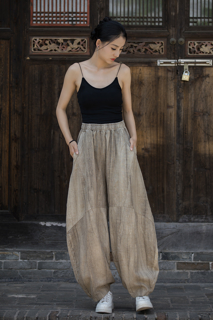 Tao One Tech™ • Zen Tea Meditation Pants • Kung Fu Pants • Tie Dye Folds • Tech Pockets • Ramie Cotton • Gender Neutral