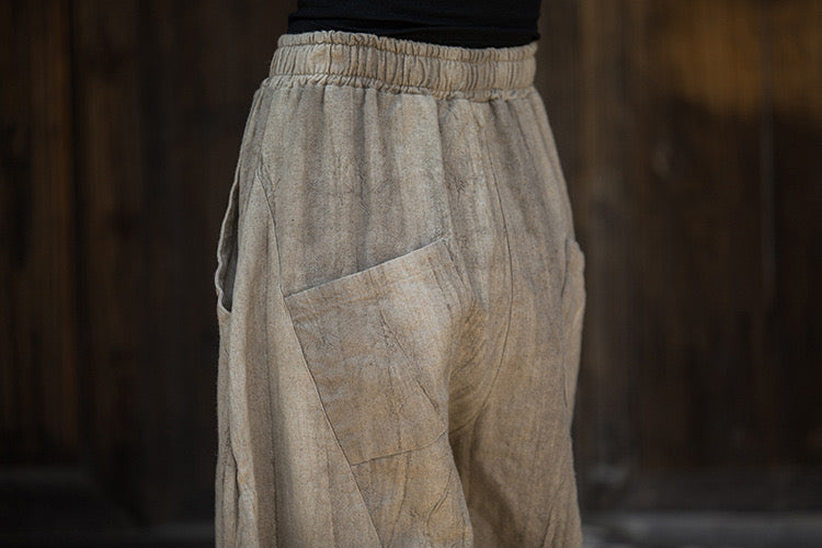 Tao One Tech™ • Zen Tea Meditation Pants • Kung Fu Pants • Tie Dye Folds • Tech Pockets • Ramie Cotton • Gender Neutral