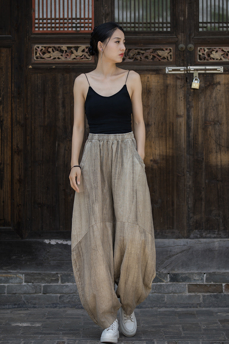 Tao One Tech™ • Zen Tea Meditation Pants • Kung Fu Pants • Tie Dye Folds • Tech Pockets • Ramie Cotton • Gender Neutral