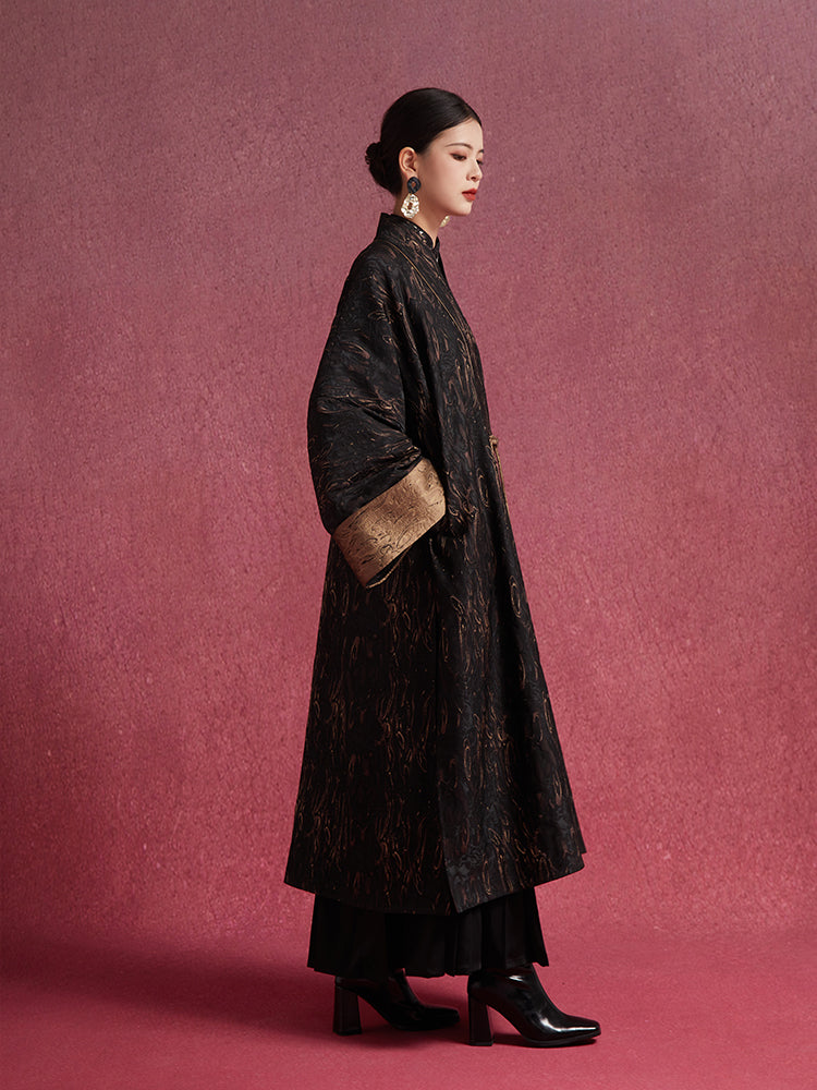 Tao One Tech™ • Long Zen Hanfu Kimono Coat • Bronze Jacquard • 1 Button • Tech Pockets