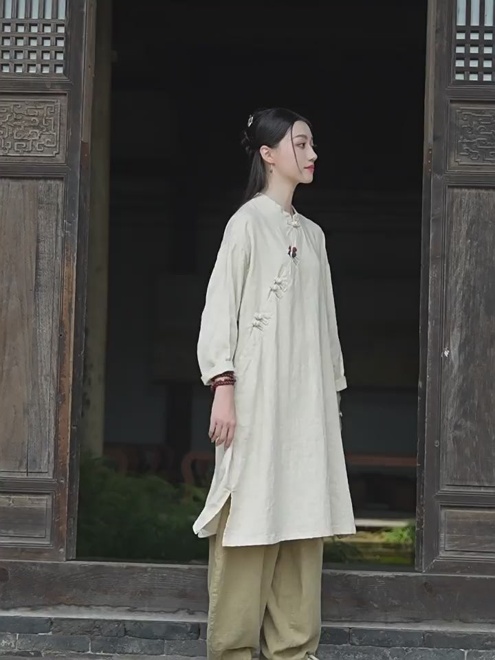 Tao One Tech™ • Zen Cheongsam Robe • Long Shirt Robe Dress • V-Neck • 5 Buttons • Tech Pockets • Ramie Cotton • Gender Neutral